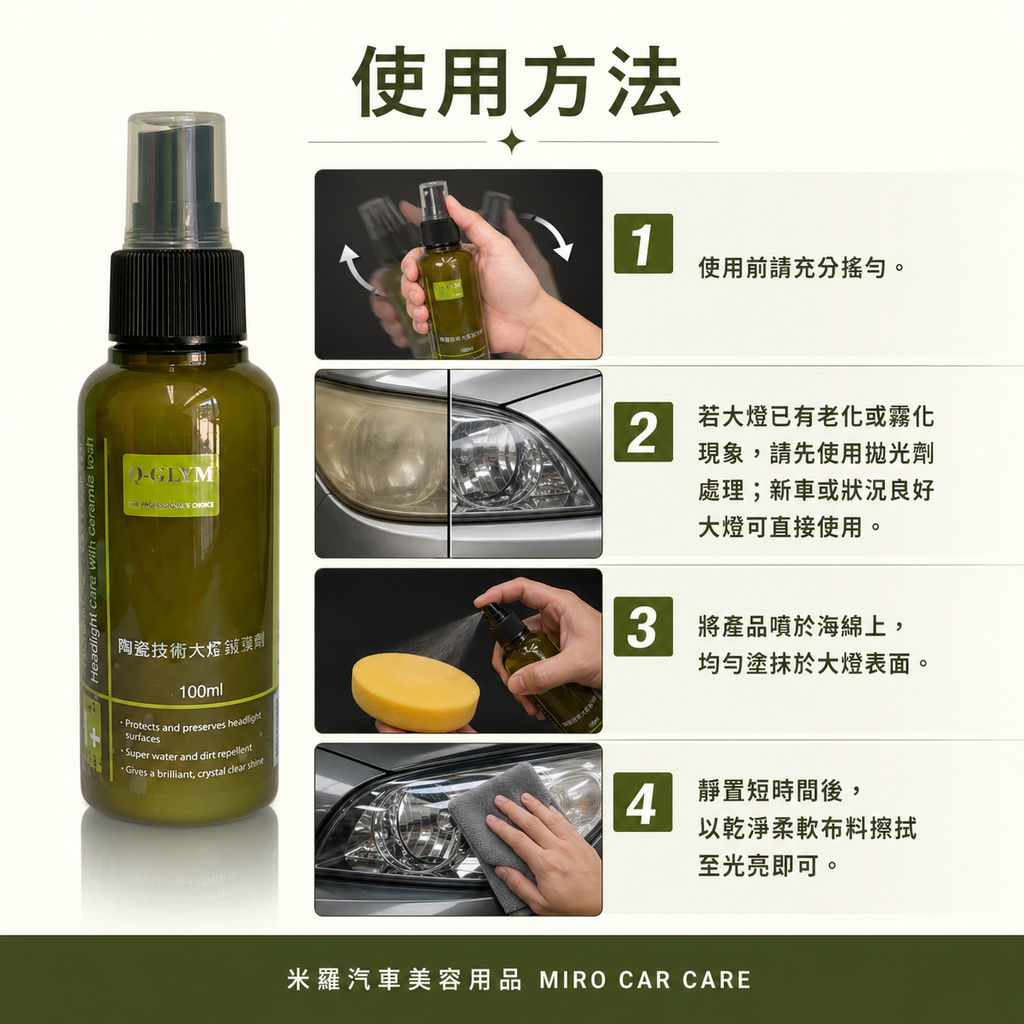 Q-GLYM 陶瓷技術大燈護理劑 100ml_使用方法