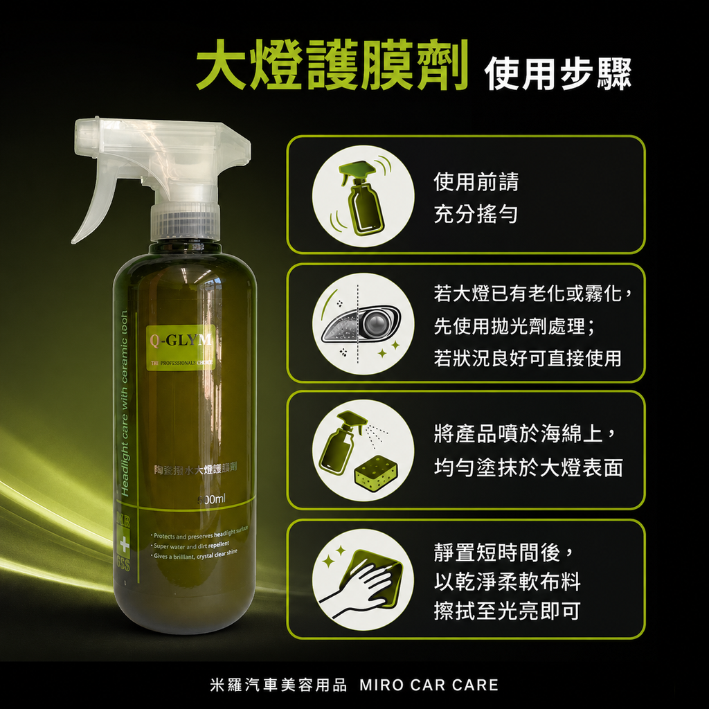 Q-GLYM 陶瓷技術大燈護理劑 500ml_使用步驟