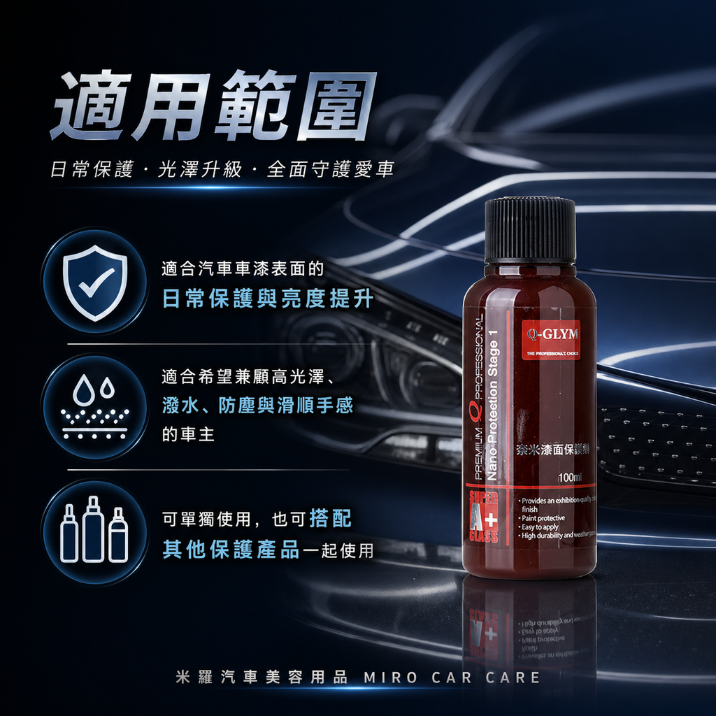 Q-GLYM 奈米漆面保護劑100ml_適用範圍