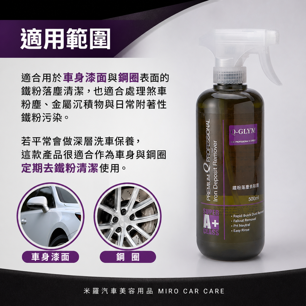 Q-GLYM 鐵粉落塵去除劑 500ml_適用範圍