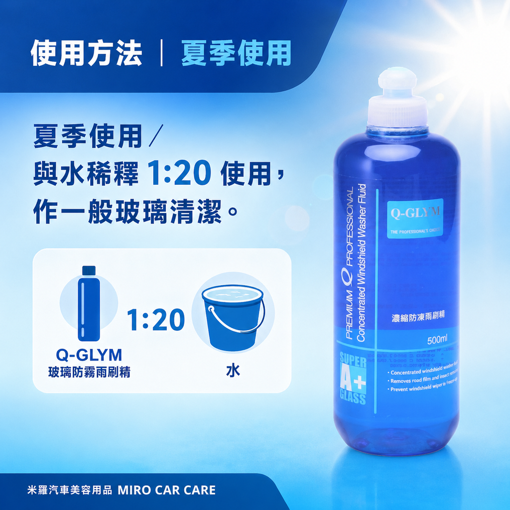 Q-GLYM 濃縮防凍雨刷精 500ml_使用方法-夏季使用