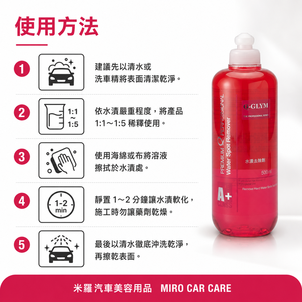Q-GLYM 車漆水漬去除劑 500ml_使用方法