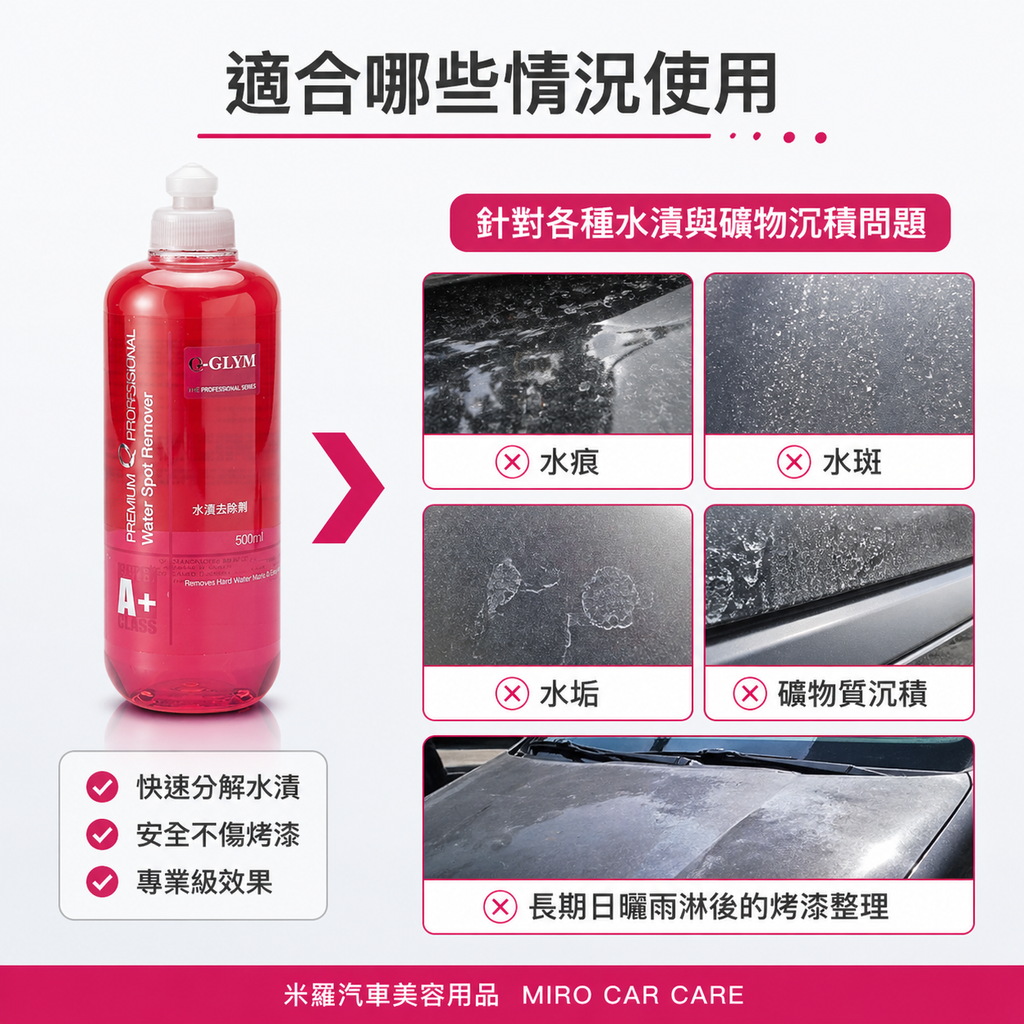 Q-GLYM 車漆水漬去除劑 500ml_適合那些情況使用