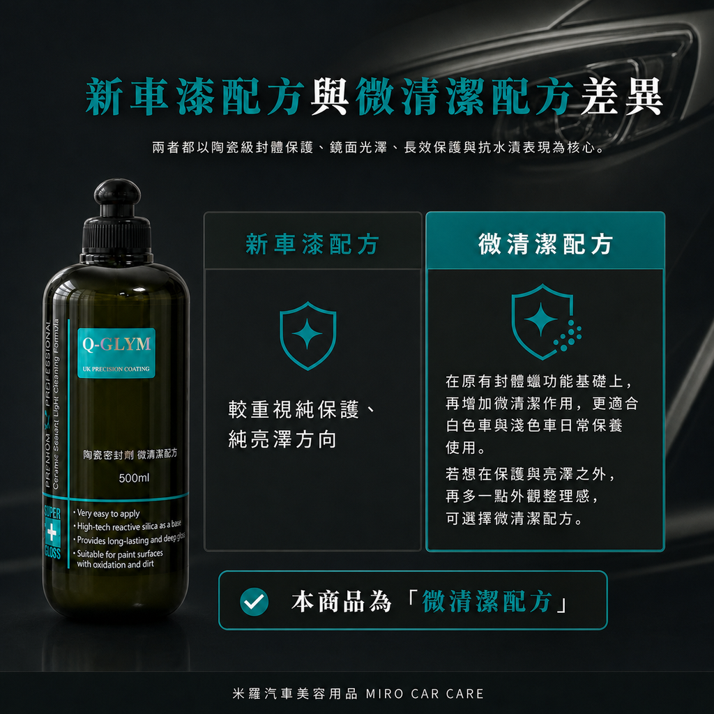 Q-GLYM 英國陶瓷封體蠟（微清潔配方）500ml_新車漆配方與微清潔配方差異