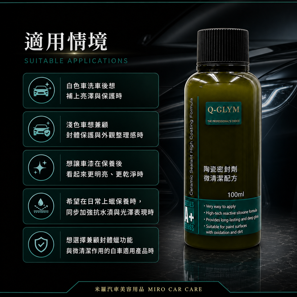 Q-GLYM 英國陶瓷封體蠟（微清潔配方）100ml_適用情境