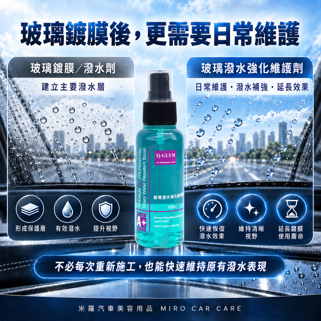 Q-GLYM 玻璃潑水強化維護劑 100ml_5亮潔通透效果圖