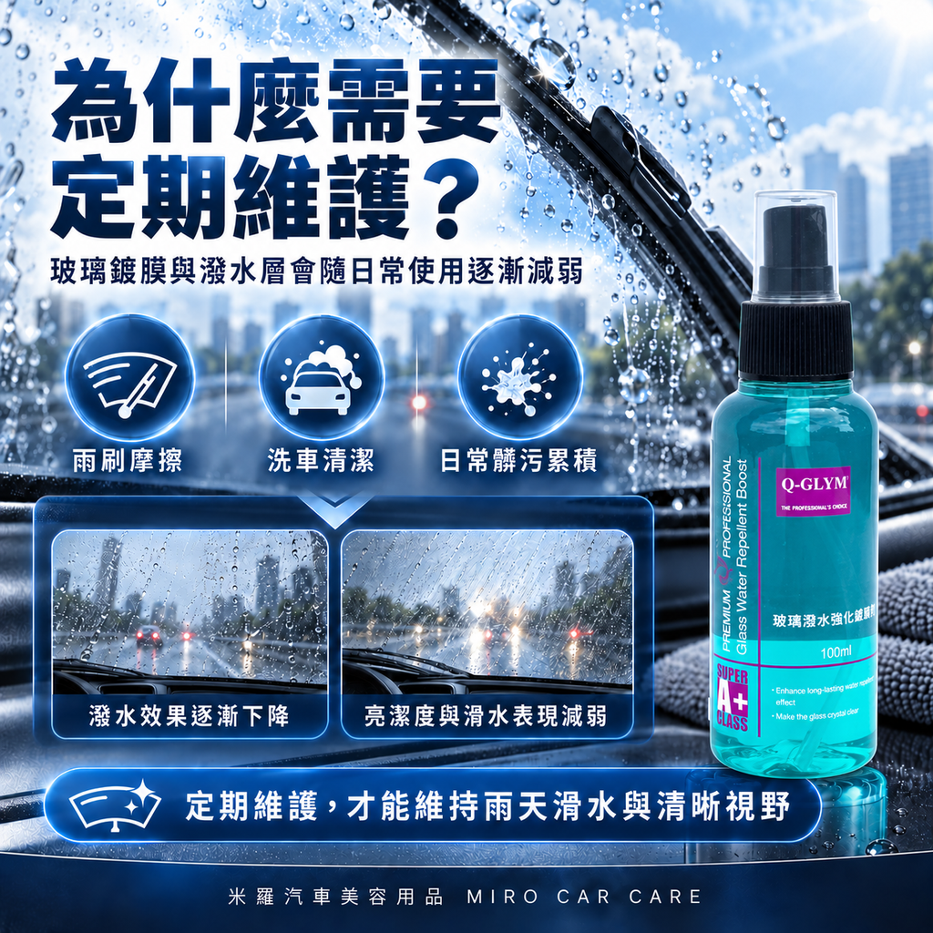 Q-GLYM 玻璃潑水強化維護劑 100ml_2為什麼需要維護