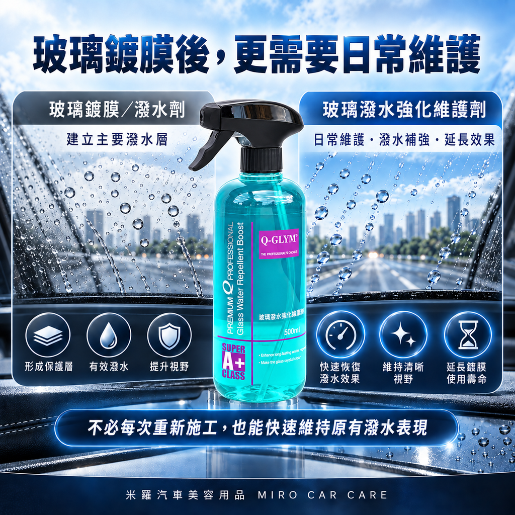 Q-GLYM 玻璃潑水強化維護劑 500ml_5亮潔通透效果圖