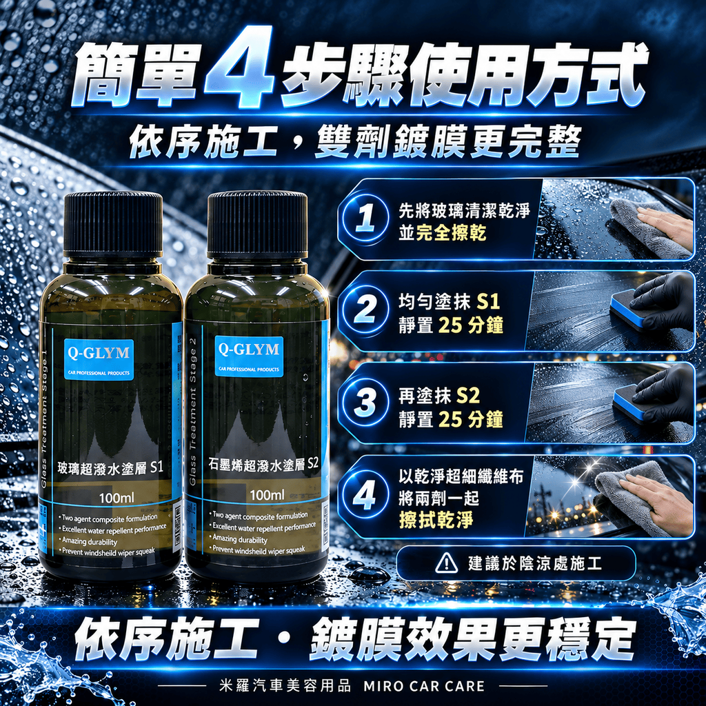 Q-GLYM 雙劑玻璃鍍膜 S1+S2 200ml_5簡單 4 步驟使用方式