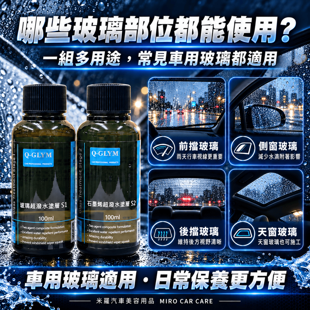 Q-GLYM 雙劑玻璃鍍膜 S1+S2 200ml_4哪些玻璃部位都能使用