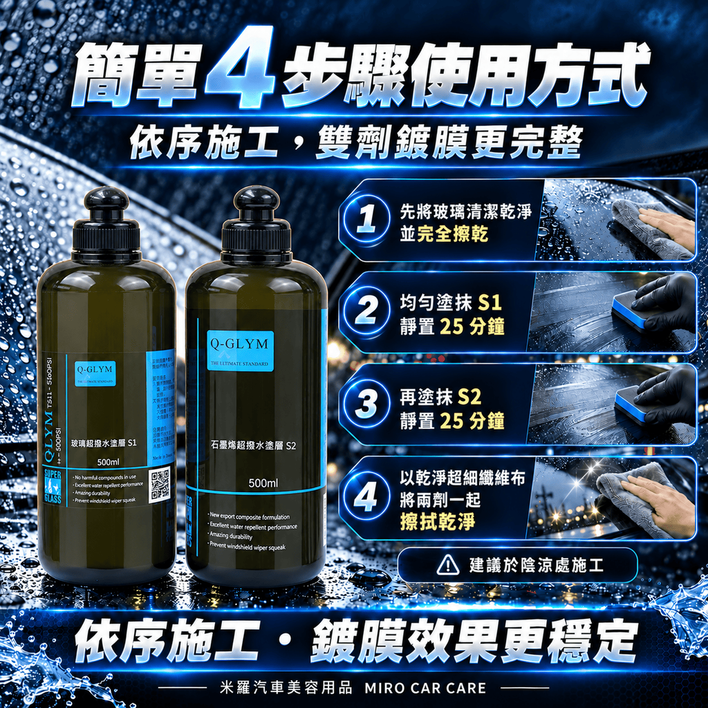 Q-GLYM 雙劑玻璃鍍膜 S1+S2 1000ml_5簡單 4 步驟使用方式