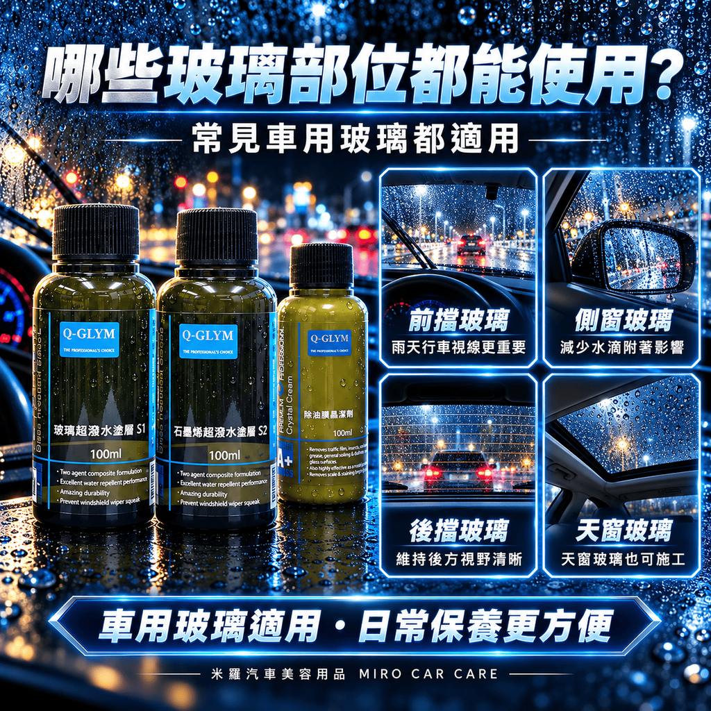 Q-GLYM 日本玻璃鍍膜 100ml_5哪些玻璃部位都能使用