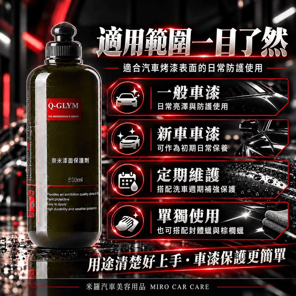 Q-GLYM 奈米漆面保護劑 500ml_3適用範圍一目了然