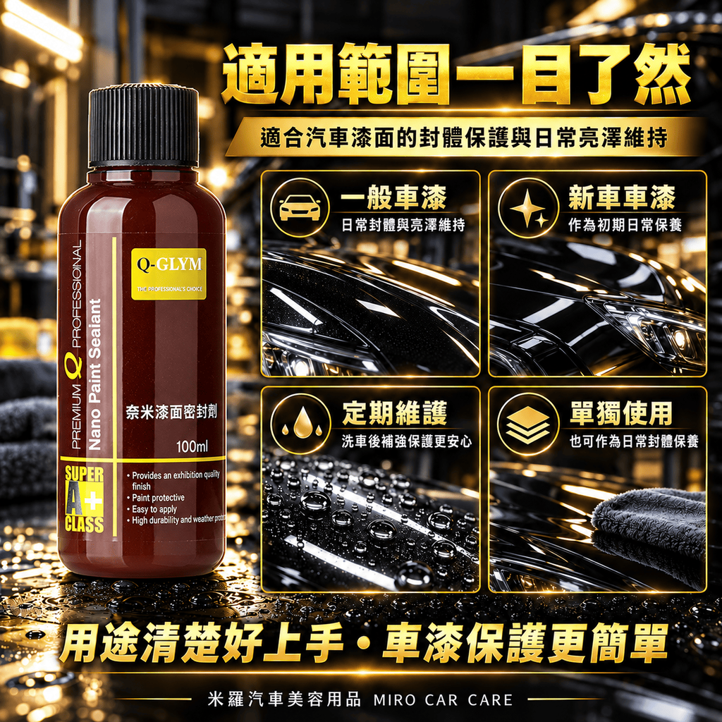 Q-GLYM 奈米漆面密封劑 100ml_4適用範圍一目了然