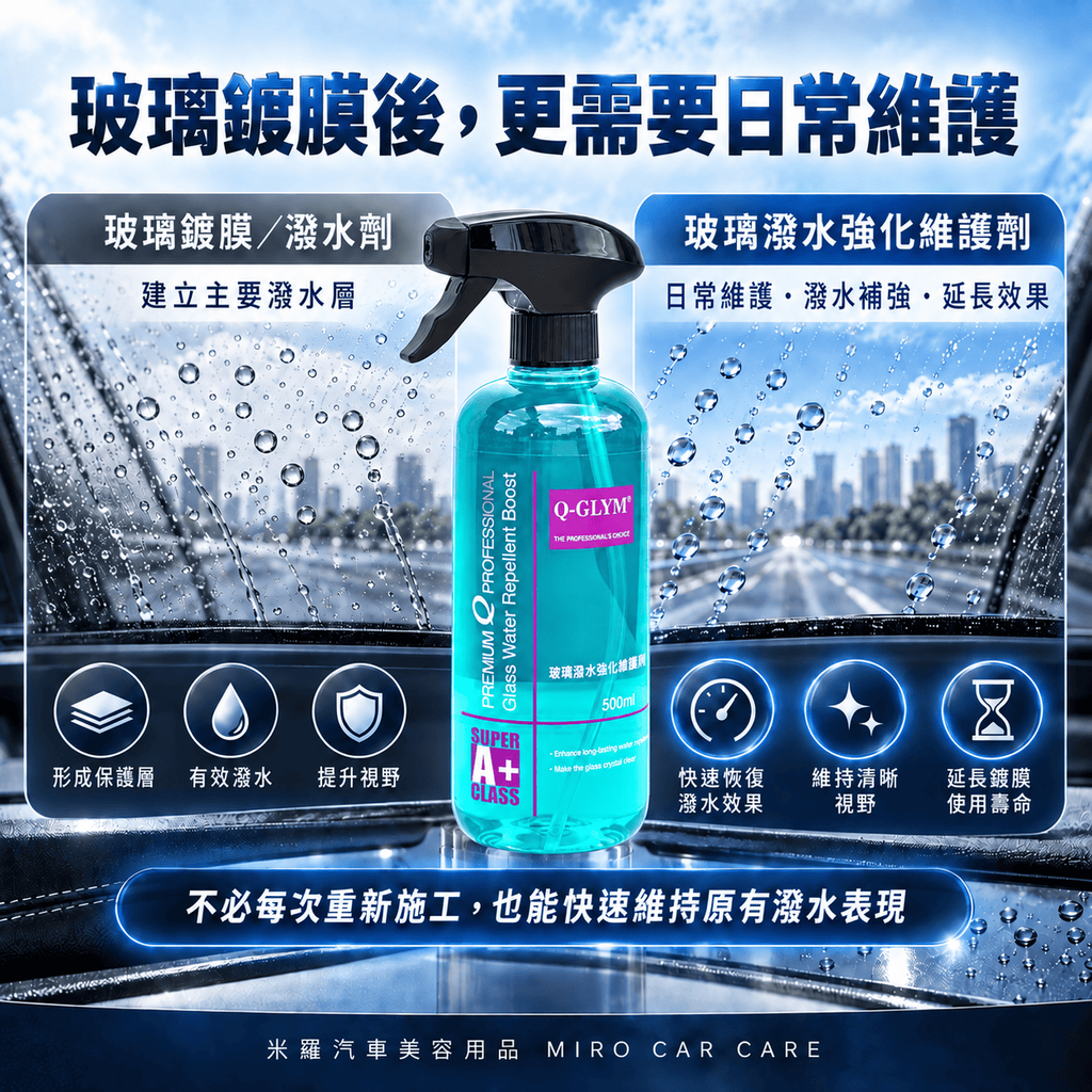 Q-GLYM 玻璃潑水強化維護劑 500ml_5亮潔通透效果圖