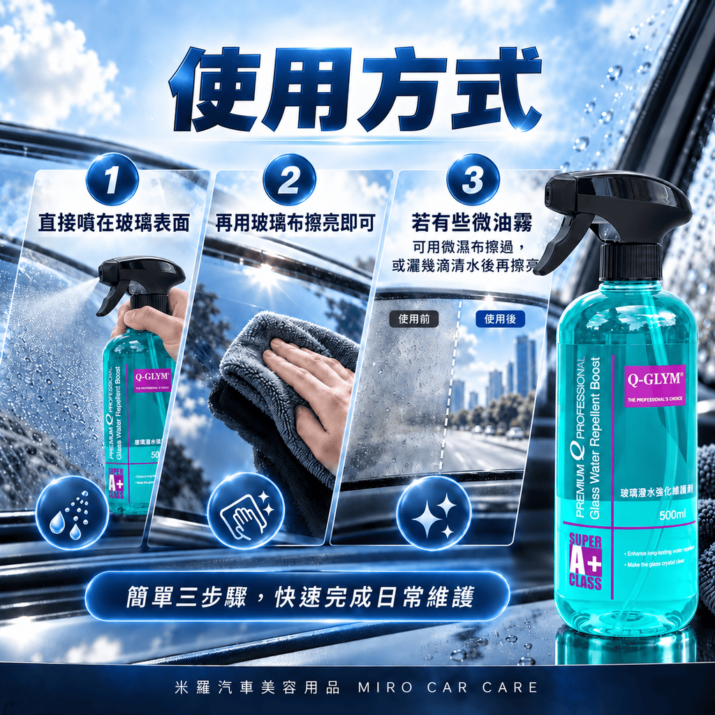 Q-GLYM 玻璃潑水強化維護劑 500ml_6使用方式圖