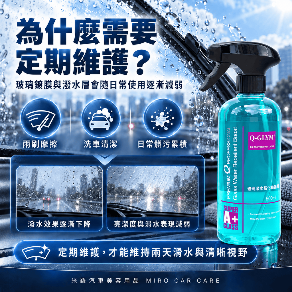 Q-GLYM 玻璃潑水強化維護劑 500ml_2為什麼需要維護