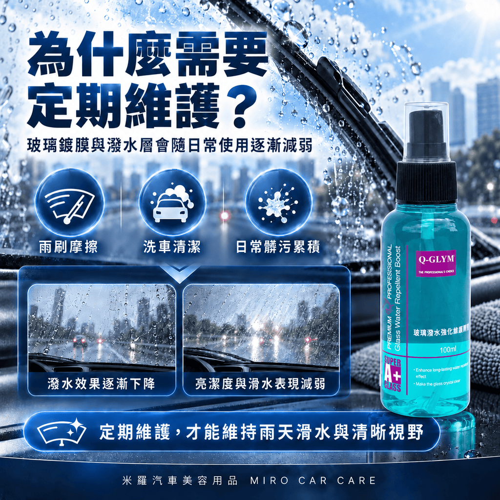 Q-GLYM 玻璃潑水強化維護劑 100ml_2為什麼需要維護