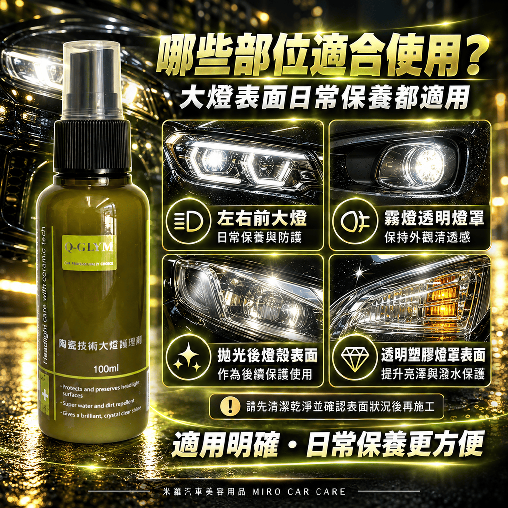 Q-GLYM 陶瓷技術大燈護理劑 100ml_5哪些部位適合使用