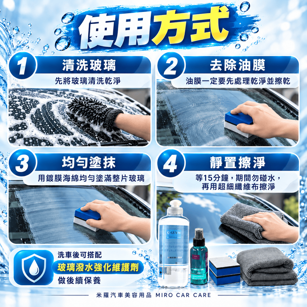 Q-GLYM 玻璃超潑水護膜 500ml_7使用方式