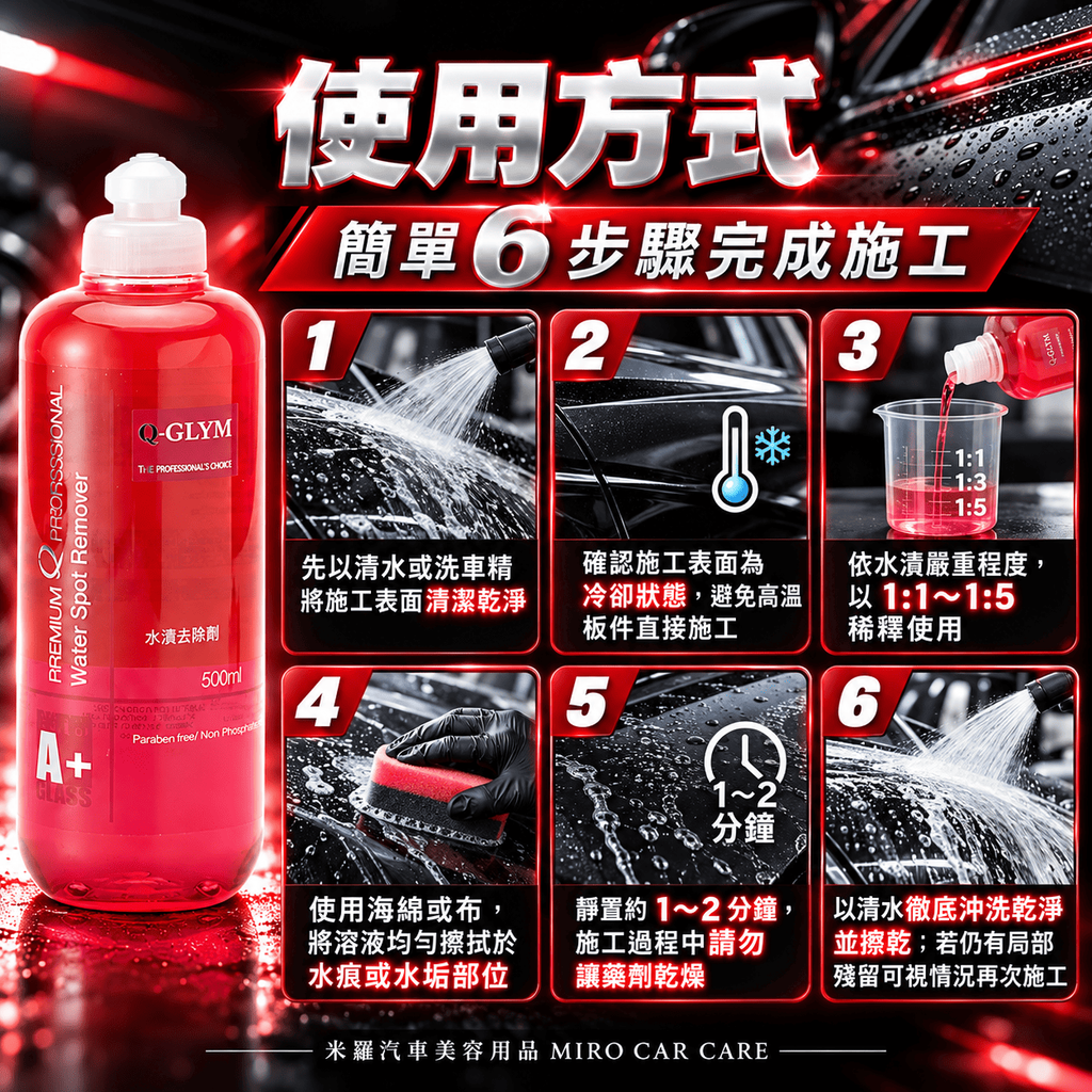 Q-GLYM 車漆水漬去除劑 500ml_7使用方式