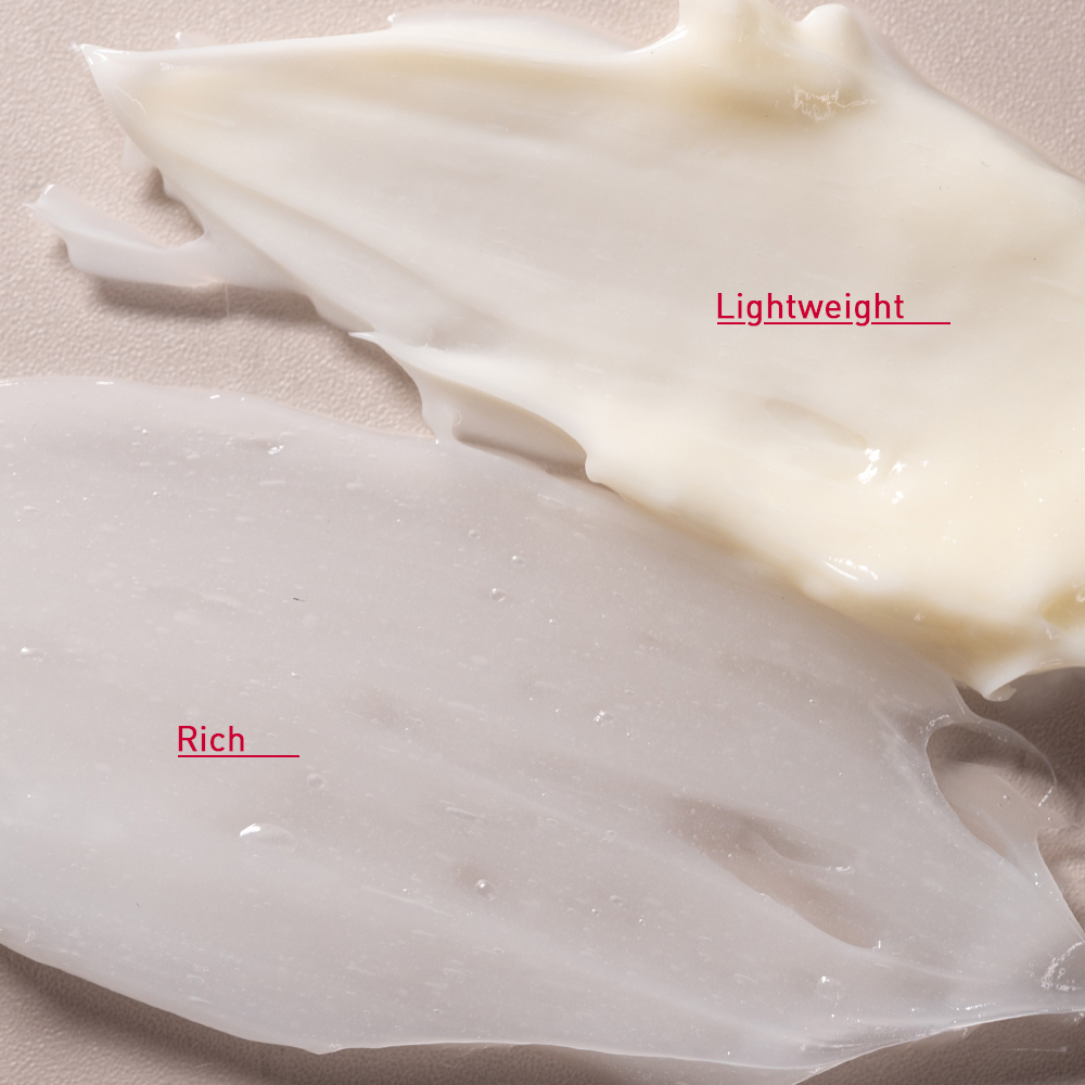 Macro swatch photo showing both moisturizer textures side by side