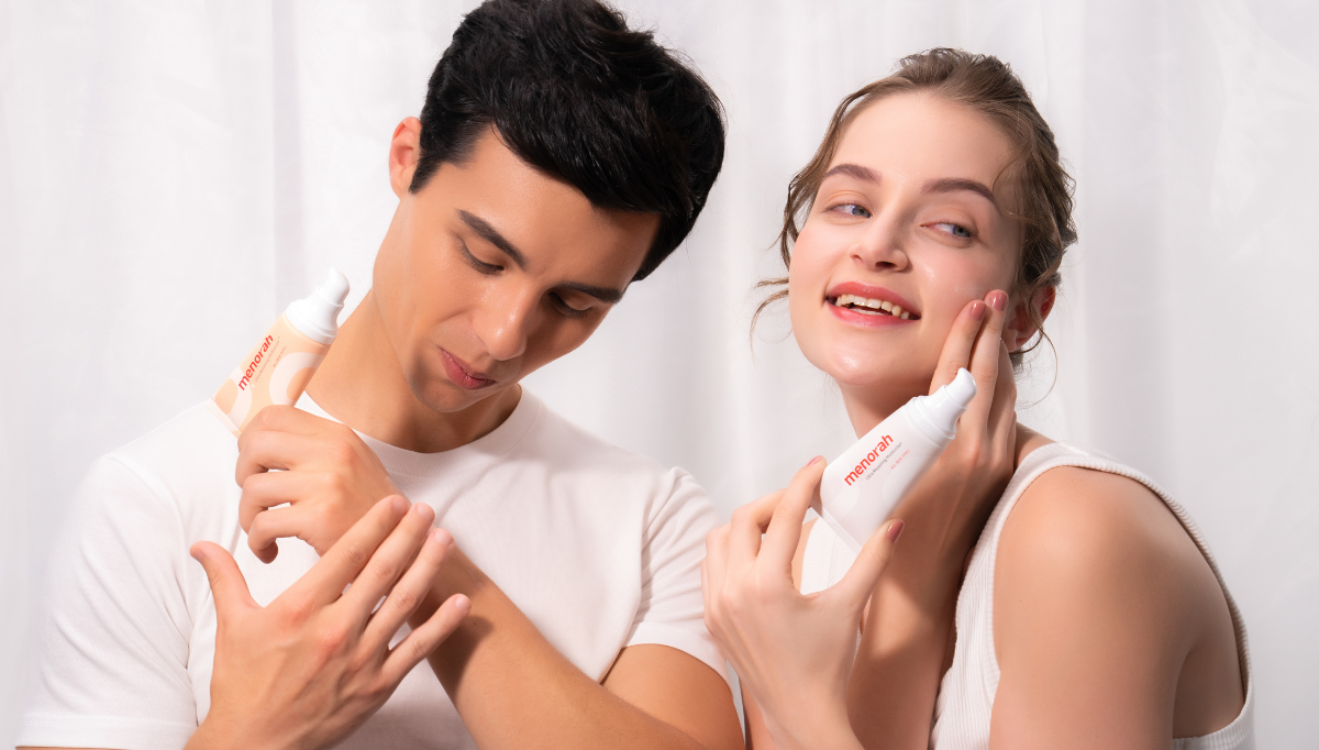 menorah — Good Skin! Good Life! Two people applying the moisturizer to face and hands