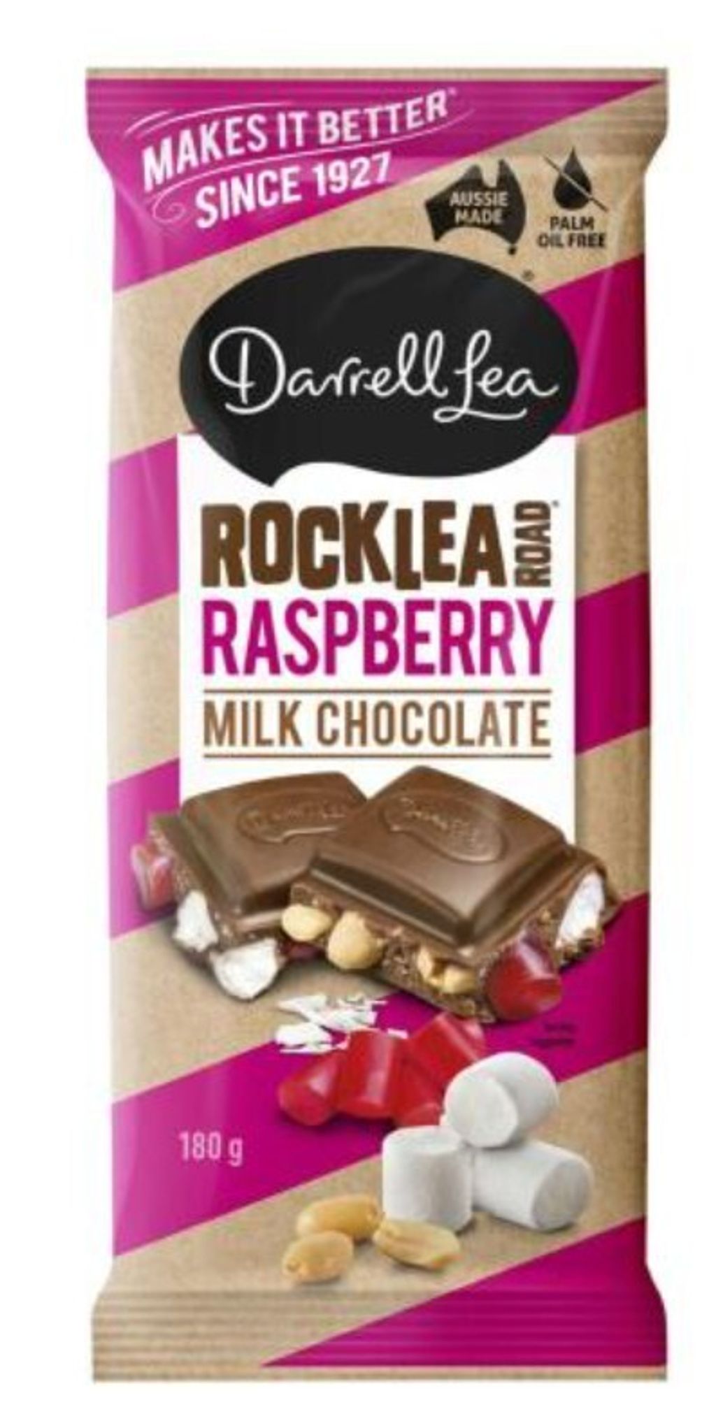 Darrell Lea Milk Chocolate Raspberry Rocklea Road Block 180g