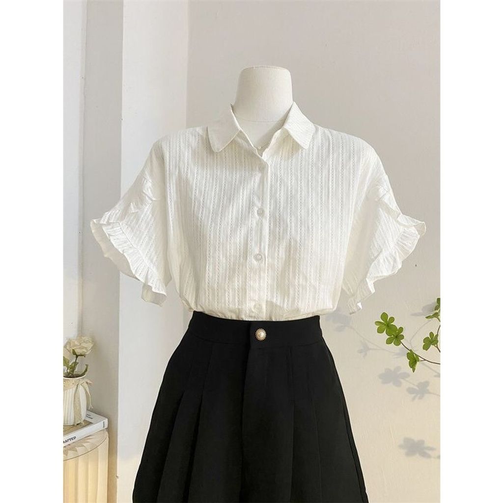 白色POLO领喇叭袖衬衫女设计感小众宽松气质百搭短袖上衣– My Happiness Store, image size:1024x1024