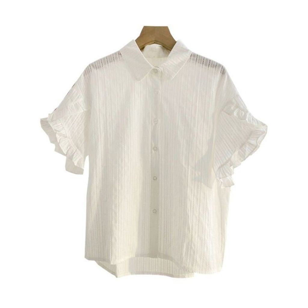 白色POLO领喇叭袖衬衫女设计感小众宽松气质百搭短袖上衣– My Happiness Store, image size:1024x1024