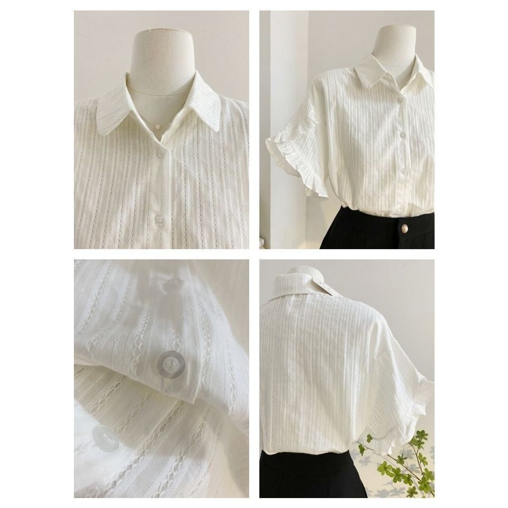 白色POLO领喇叭袖衬衫女设计感小众宽松气质百搭短袖上衣– My Happiness Store, image size:1024x1024