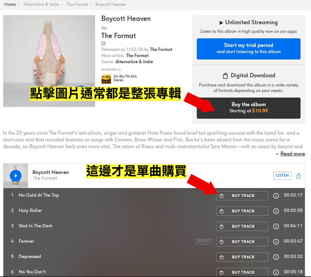 在專輯頁面中選擇購買單首曲目