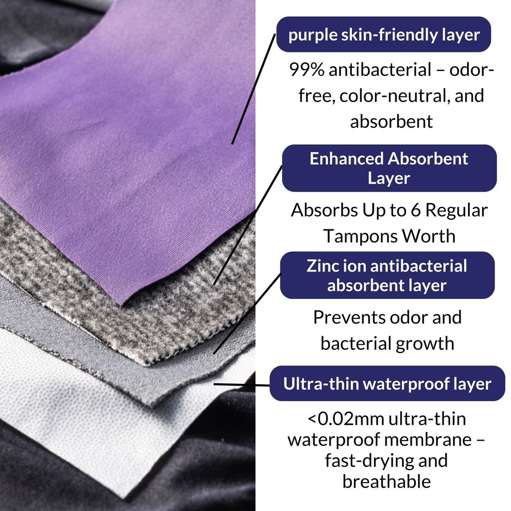 4 layer gusset design of mid waist rayon period underwear, daywear, heavy flow