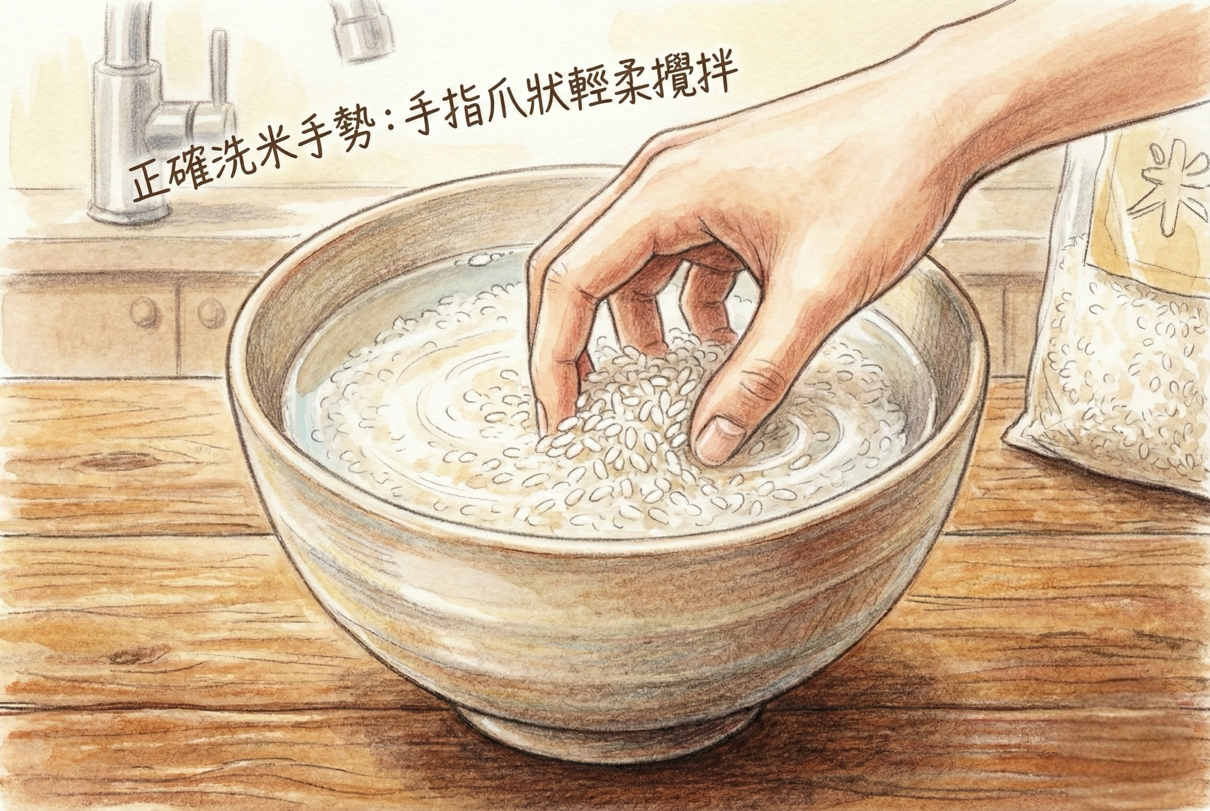 正確洗米手勢與浸泡時間說明