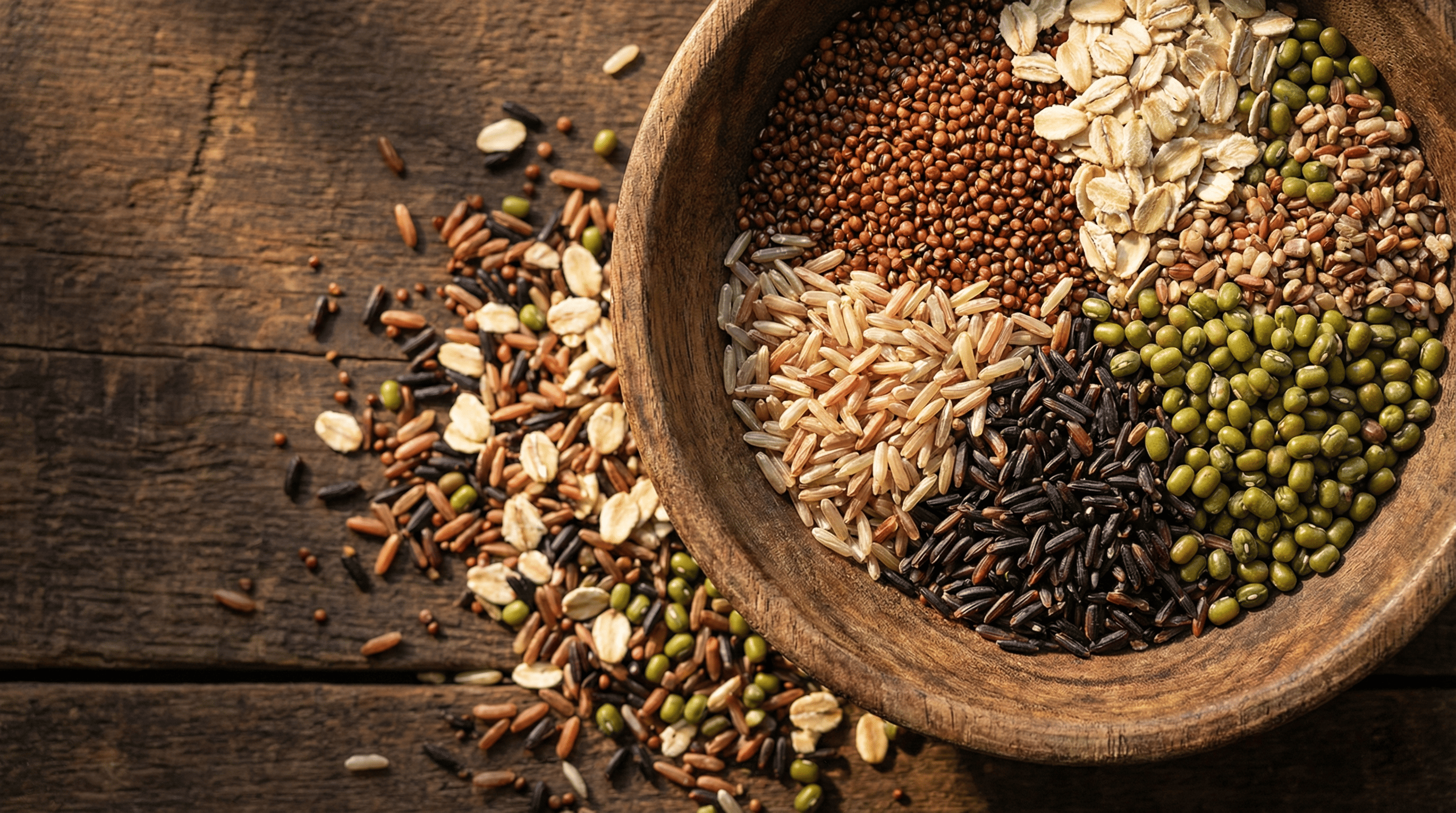 色彩繽紛的五穀雜糧與健康食材，象徵天然飲食生活