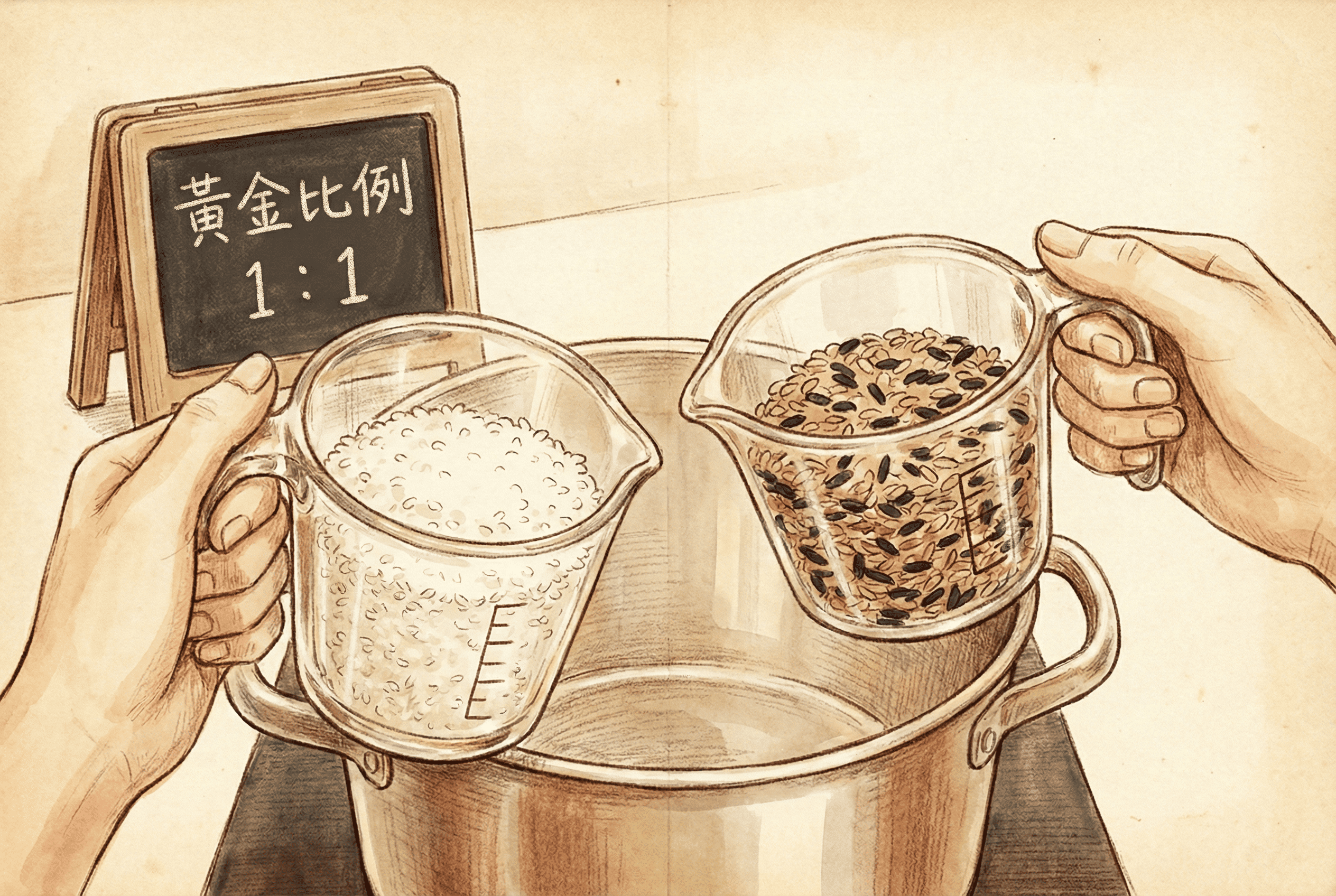 將白米與糙米混合烹煮的教學示意圖，輕鬆入門五穀飯