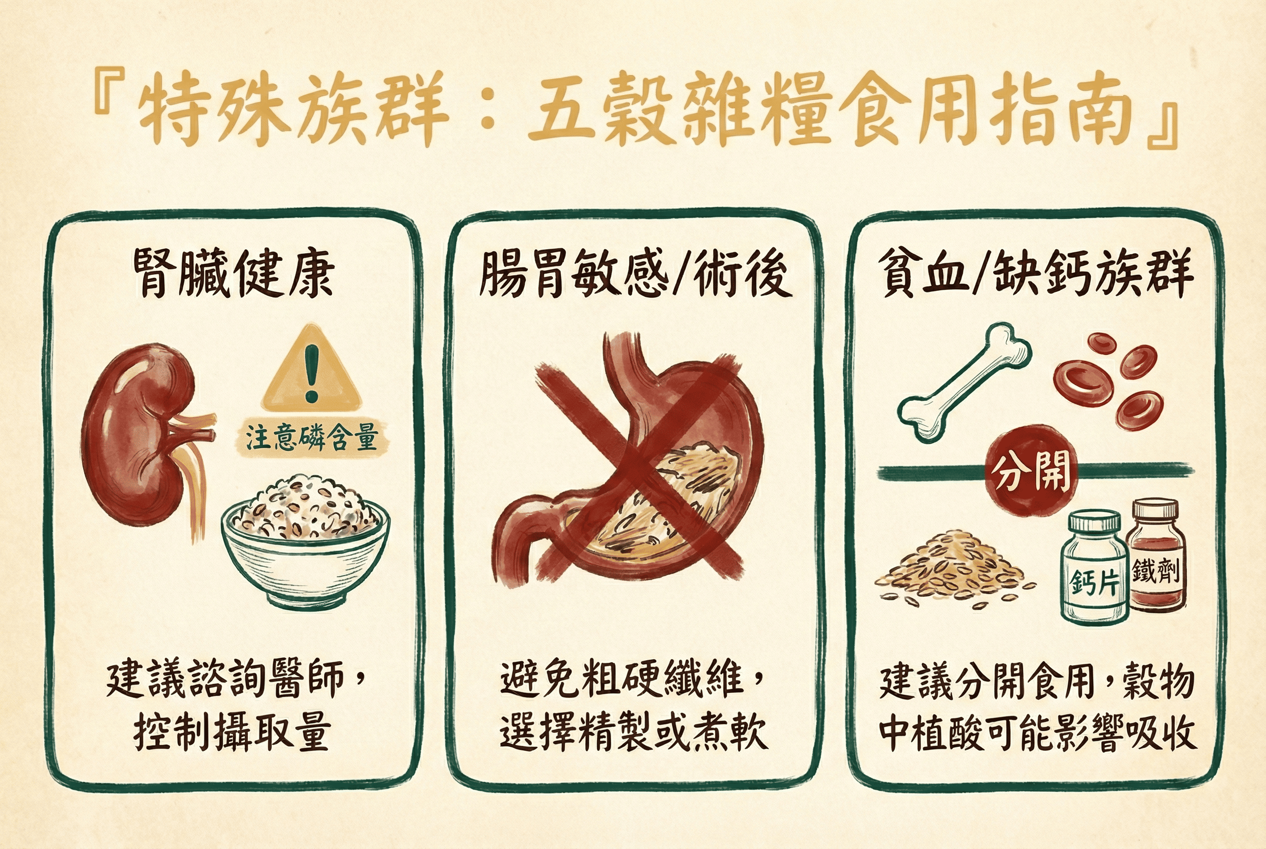 特殊族群食用五穀雜糧的建議指南圖表，包含腎臟病、腸胃敏感與缺鈣者
