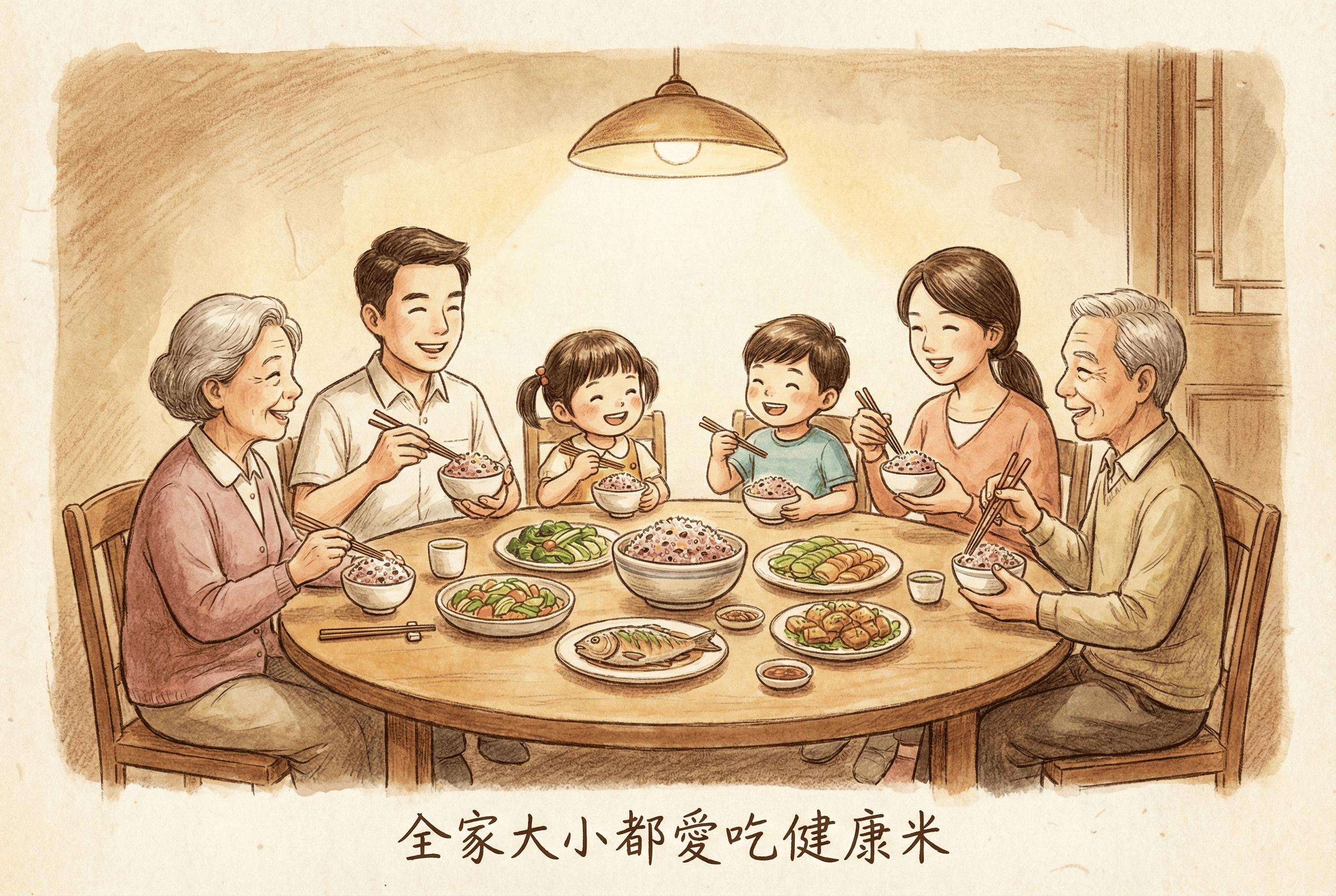 全家人溫馨共享惠通行健康機能米飯的幸福畫面