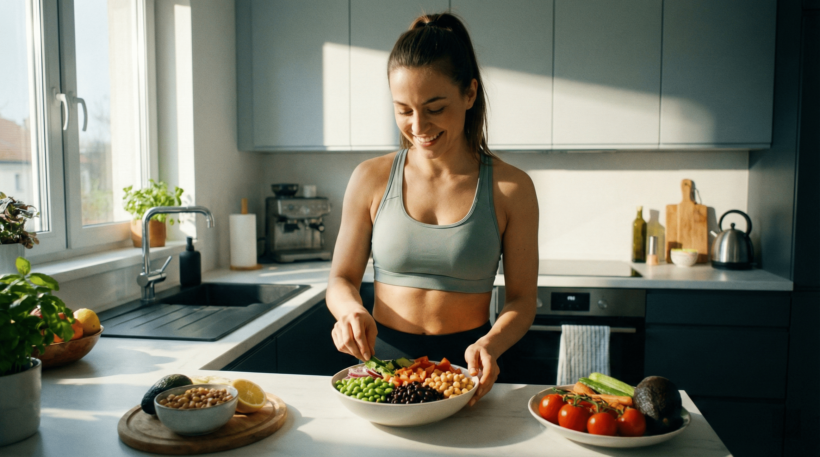 健康女性在廚房準備增肌減脂豆類沙拉，包含黃豆、黑豆與鷹嘴豆