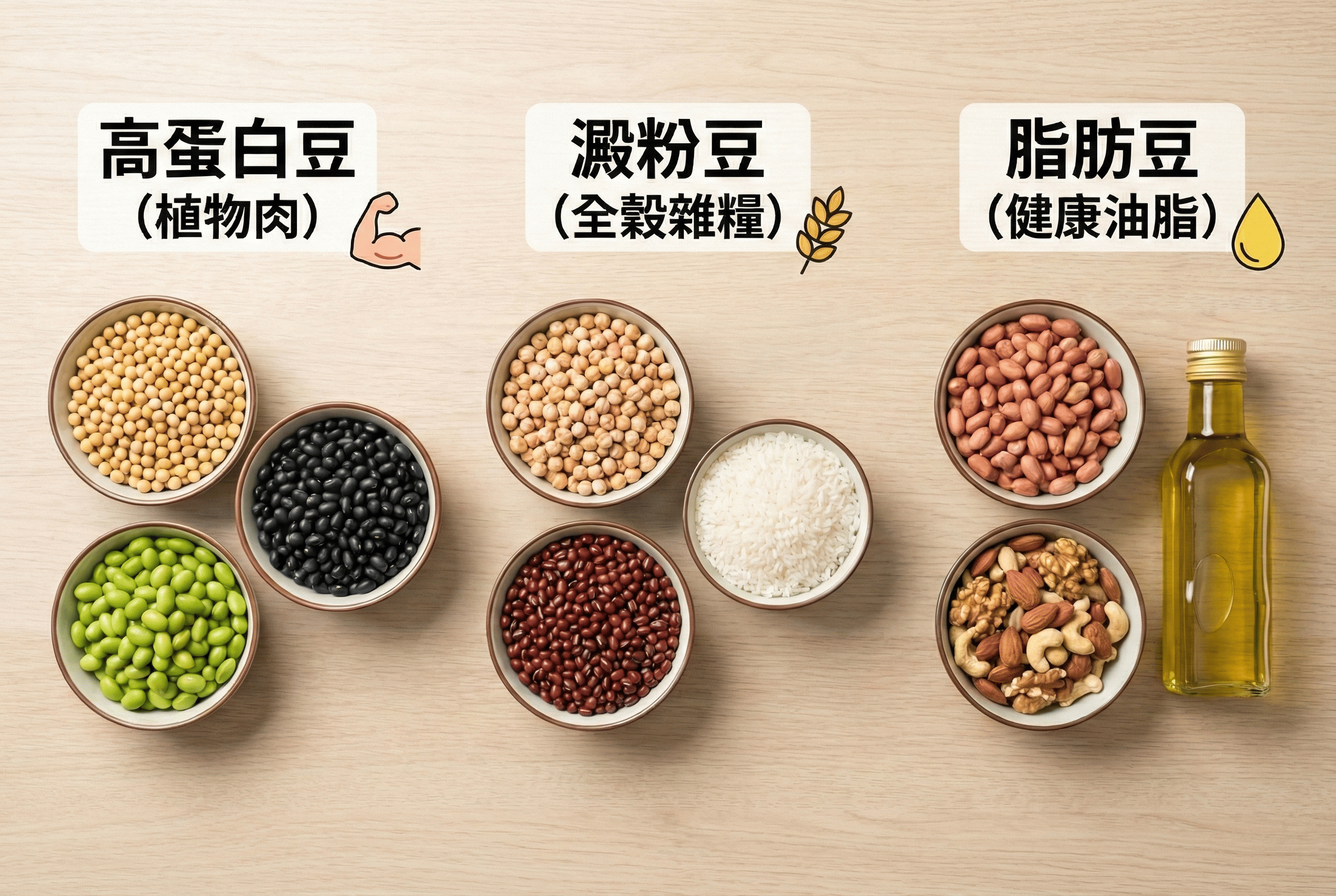豆類營養分類圖表：一張圖看懂高蛋白豆（植物肉）、澱粉豆（全穀雜糧）與脂肪豆的區別