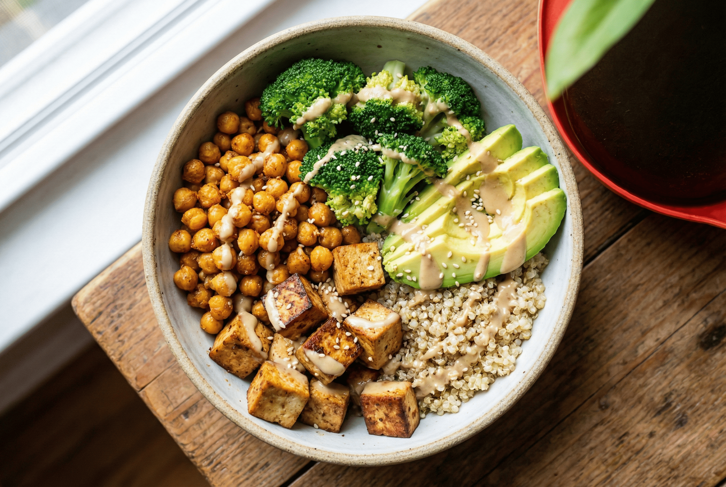美味的鷹嘴豆健康餐盤（Buddha Bowl），搭配豆腐與蔬菜的低GI增肌料理