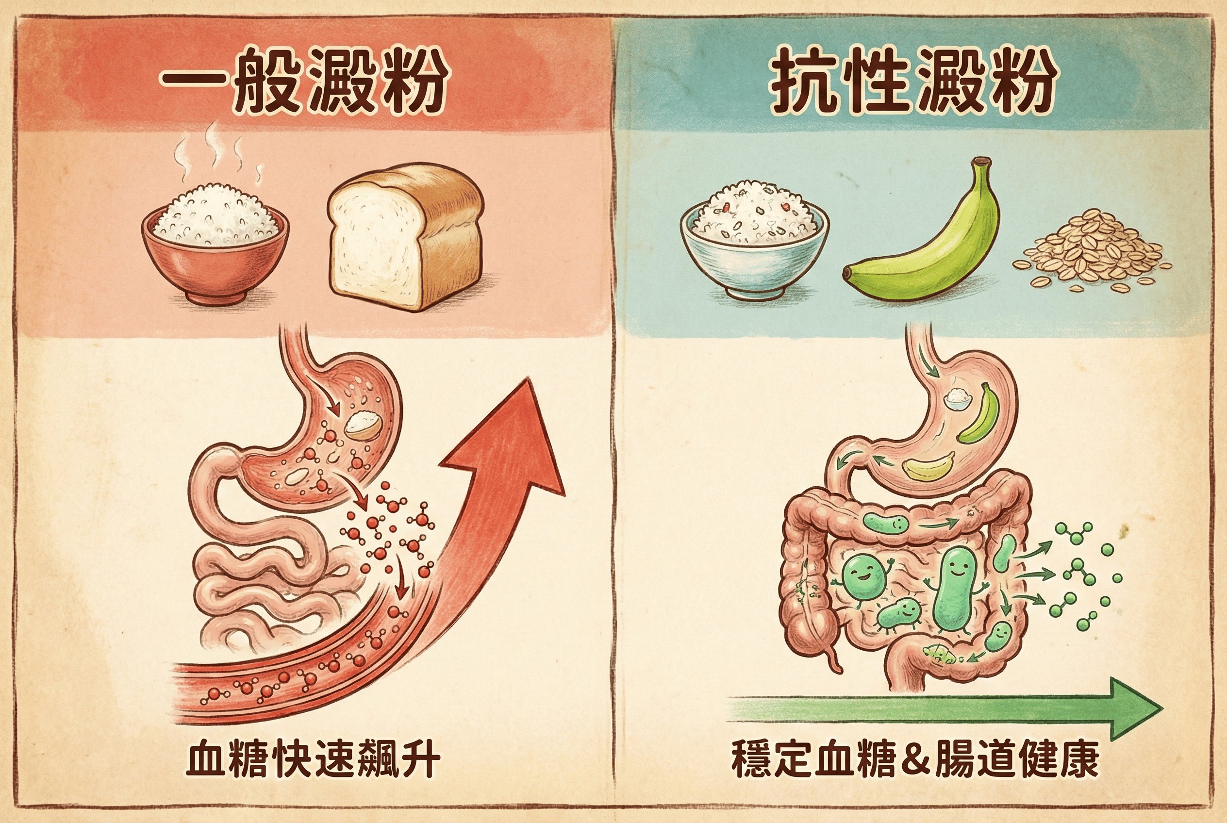一般澱粉與抗性澱粉消化機制比較圖：吸收速度與血糖波動差異示意