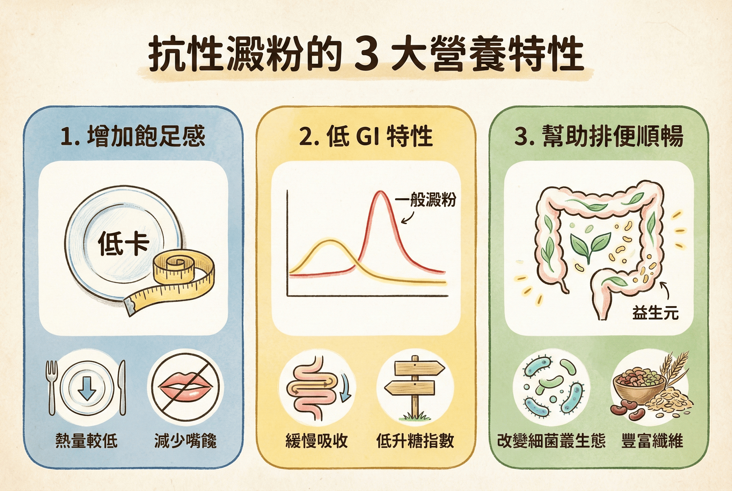 抗性澱粉三大營養優點圖解：增加飽足感、低GI特性與幫助維持消化道機能