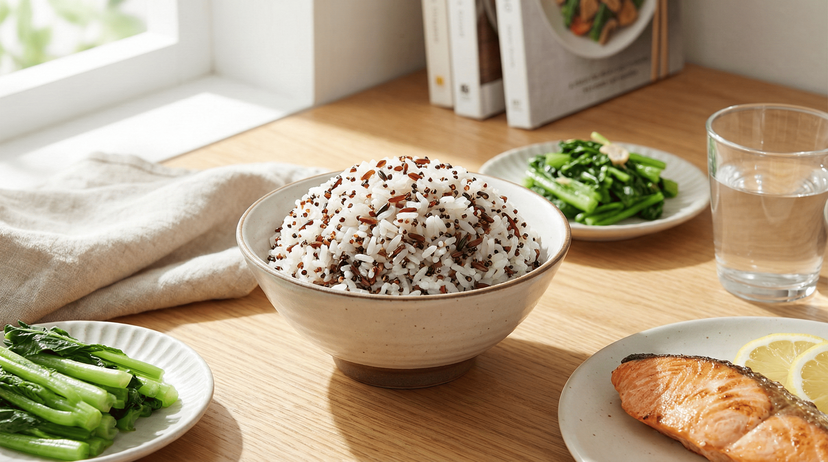 低GI飲食餐桌示意圖：粒粒分明的藜麥混合米飯搭配均衡蔬食與優質蛋白，健康美味不挨餓