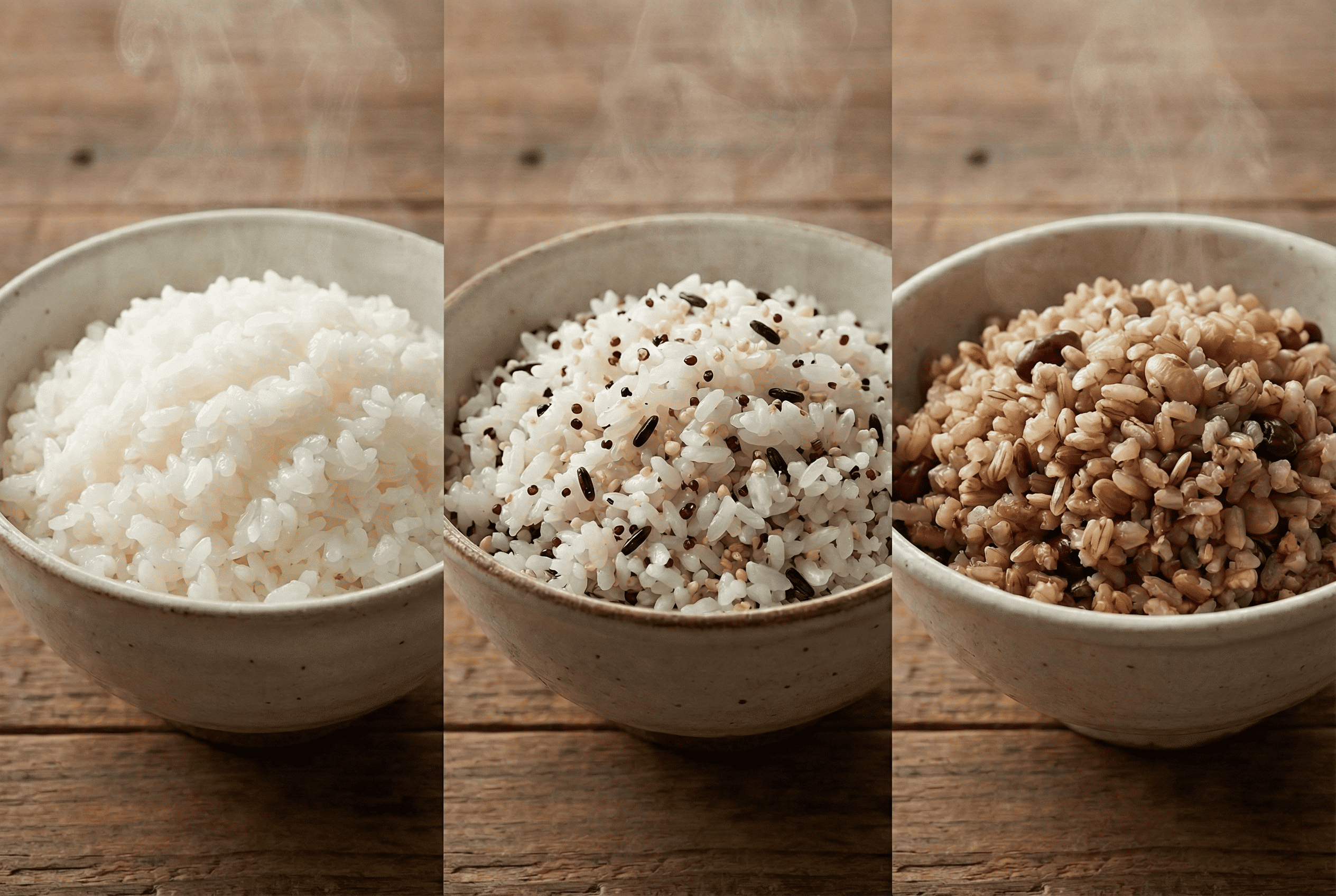 米食外觀比較：精緻白飯、口感Q彈的惠通行特色米食(混藜麥)與高纖紮實的養生機能米(混豆類)