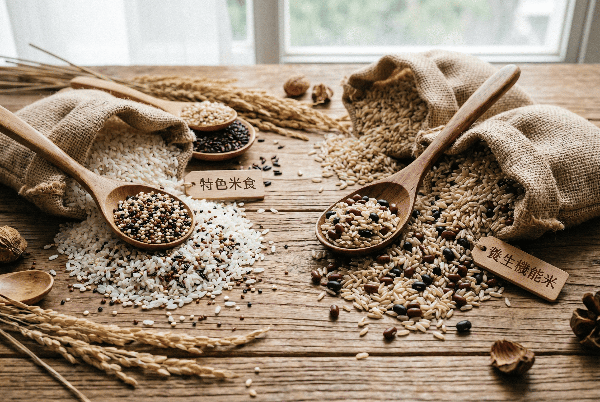 惠通行嚴選穀物原料示意圖：高品質白米混藜麥與糙米混豆類的真材實料呈現