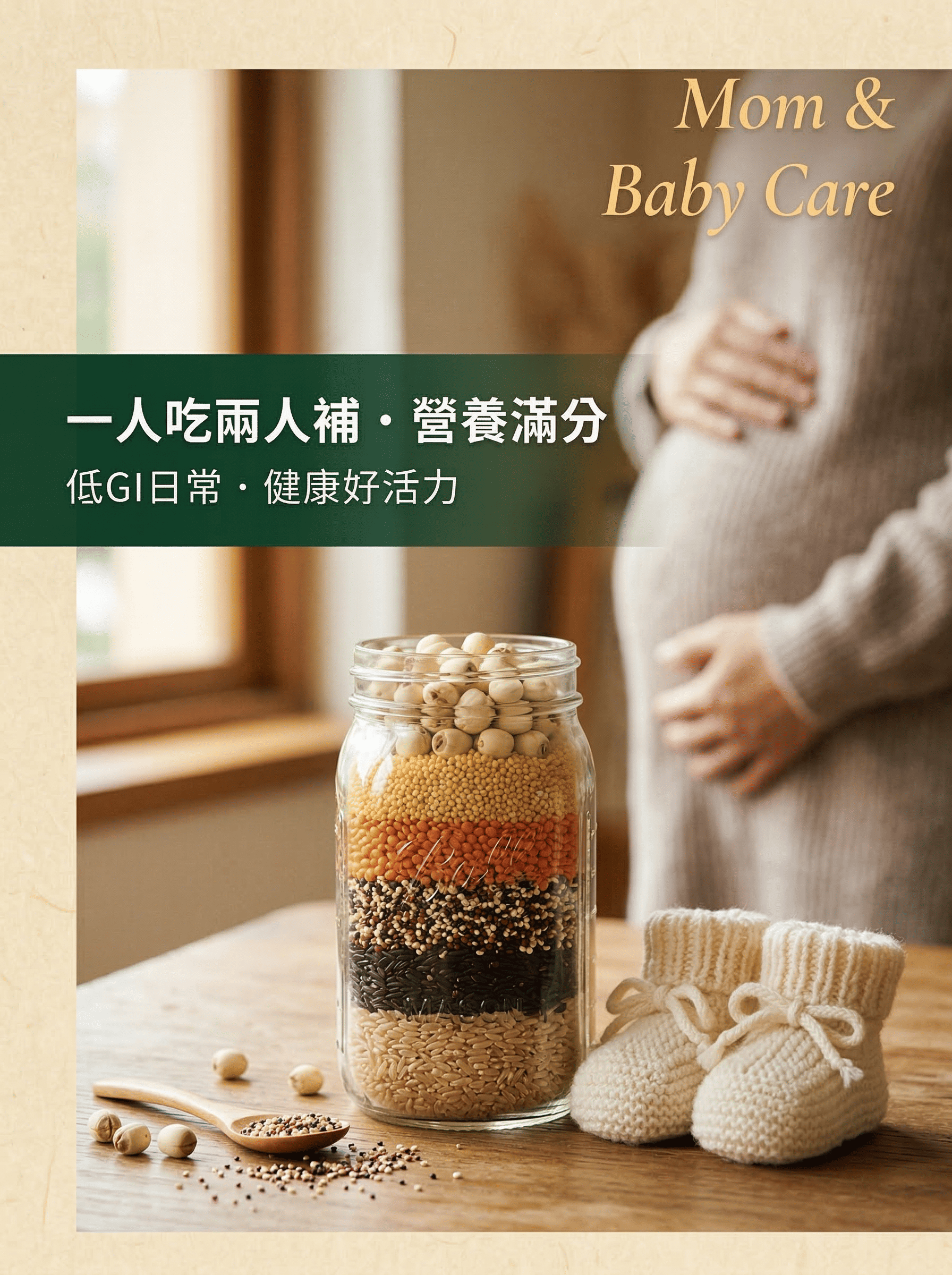 一位健康的懷孕女性正在享用碗裝的穀孕滋養機能米飯，旁邊放著嬰兒鞋，象徵一人吃兩人補。