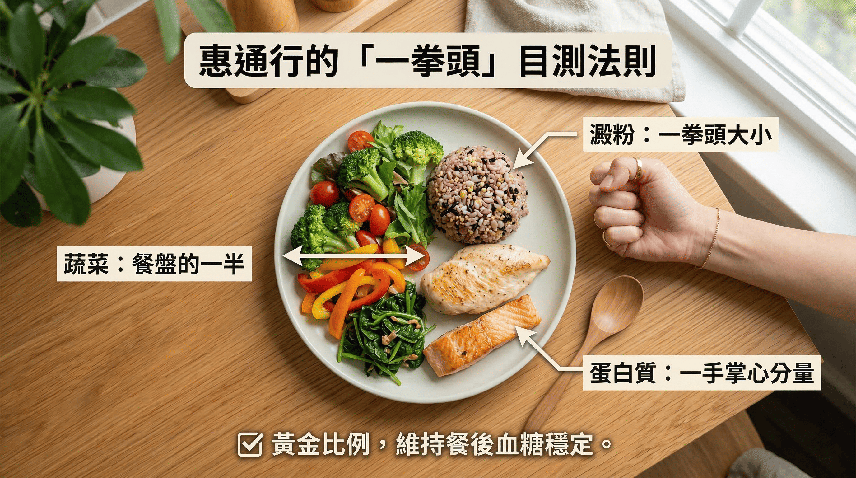 惠通行減肥飲食指南：使用手掌與拳頭簡單估算每餐澱粉、蛋白質與蔬菜攝取量