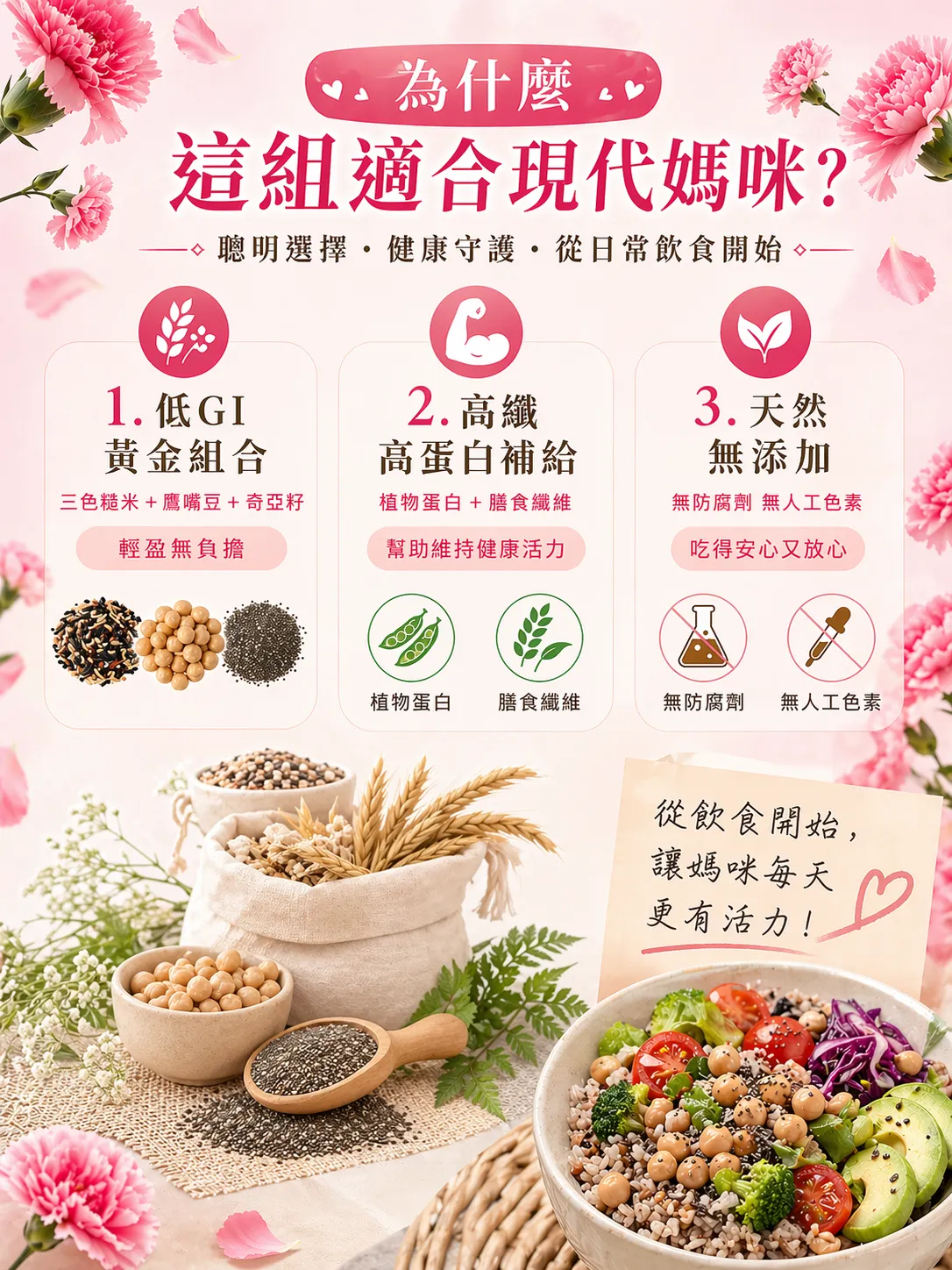 嚴選無化學添加的三色糙米、鷹嘴豆與奇亞籽，保留穀物最純淨的低GI能量配方