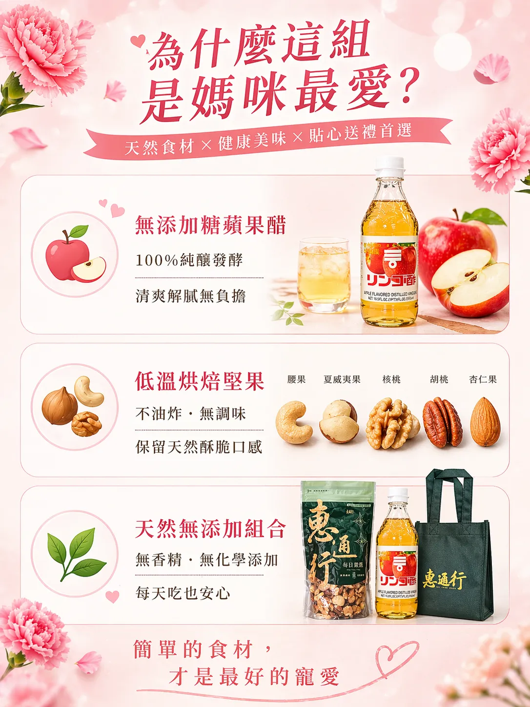 愛媽咪堅果美醋禮盒內部展示，包含大容量100%無添加蘋果醋與嚴選低溫烘焙綜合堅果